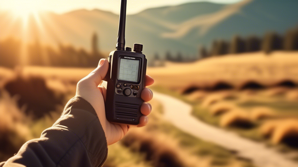 A person holding a handheld ham radio outdoors on a sunny day